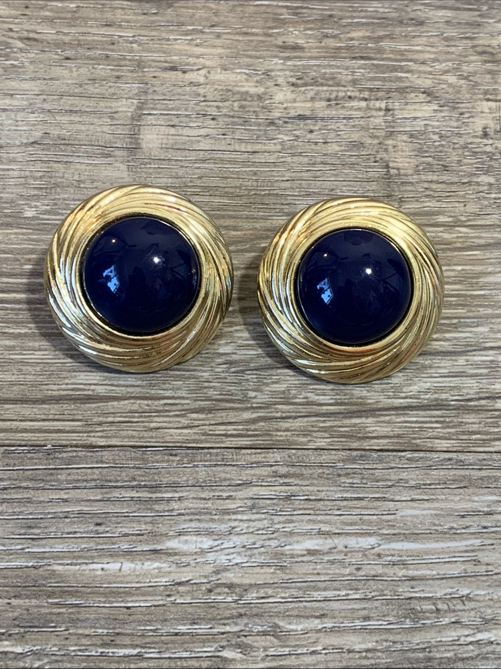 Vintage Gold and Navy Dome Button Clip On Earrings - Classic Women's Jewelry